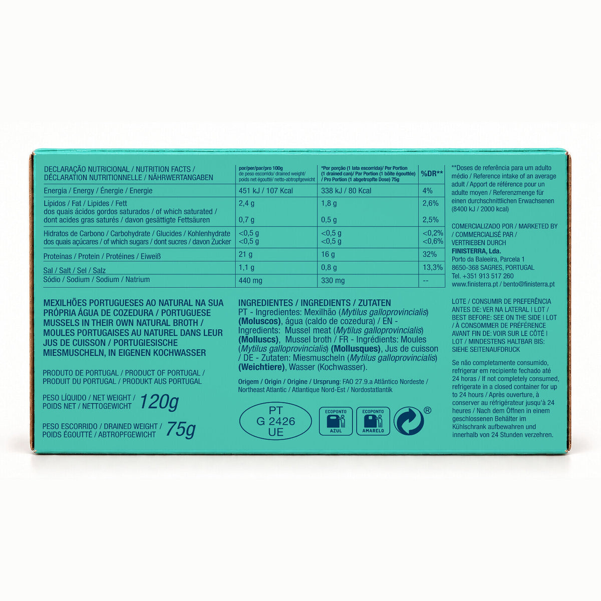 Verso da embalagem: ingredientes, informação nutricional e pesos, calibre médio, embalado à máquina