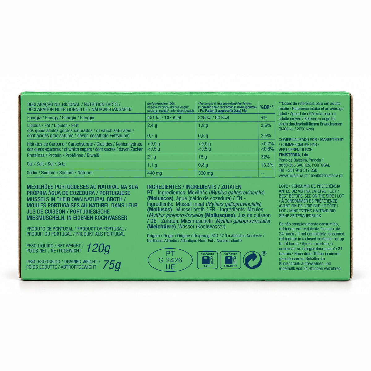 Verso da embalagem: ingredientes, informação nutricional e pesos, calibre pequeno, embalado à máquina