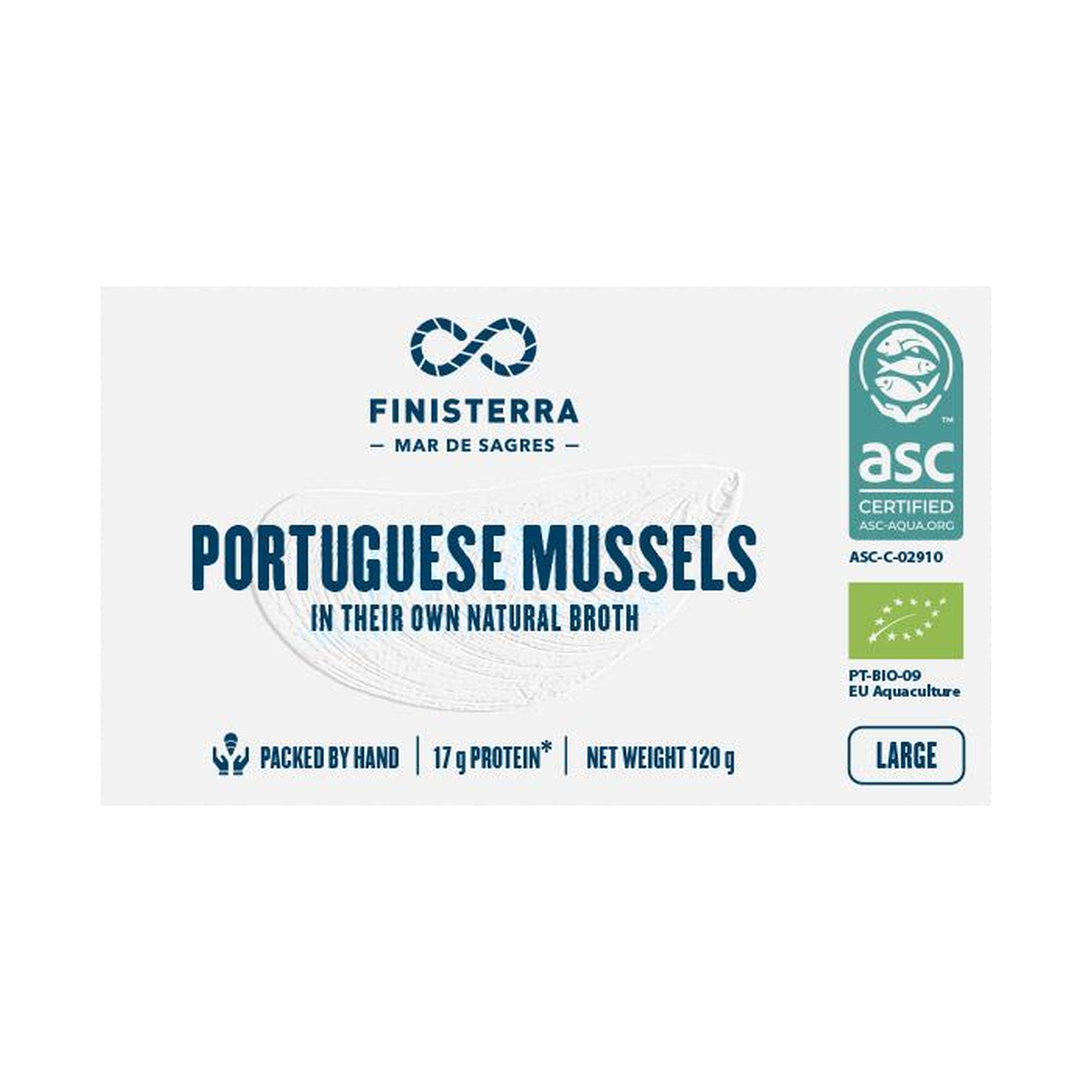 Embalagem de mexilhões biológicos Finisterra, calibre grande, 8 a 14 por lata