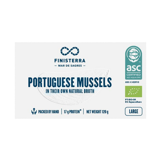 Embalagem de mexilhões biológicos Finisterra, calibre grande, 8 a 14 por lata